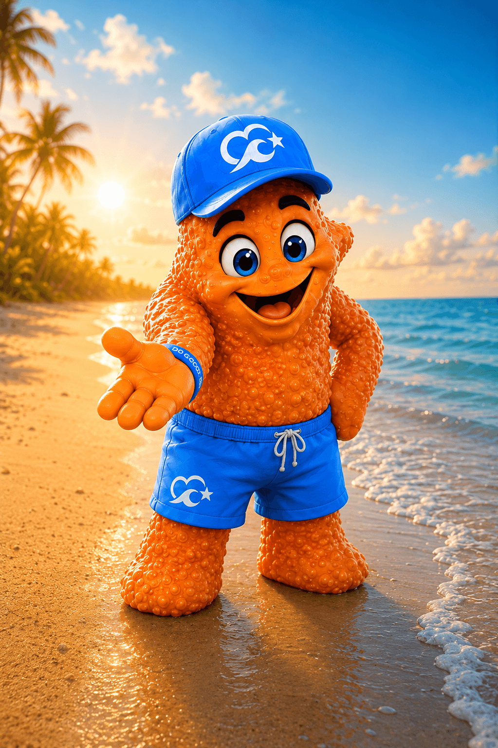 The Tide's starfish mascot on a beach at sunrise, reaching out a hand