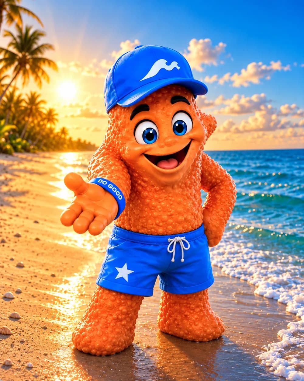 La mascota estrella de mar de The Tide en una playa al amanecer, tendiendo la mano